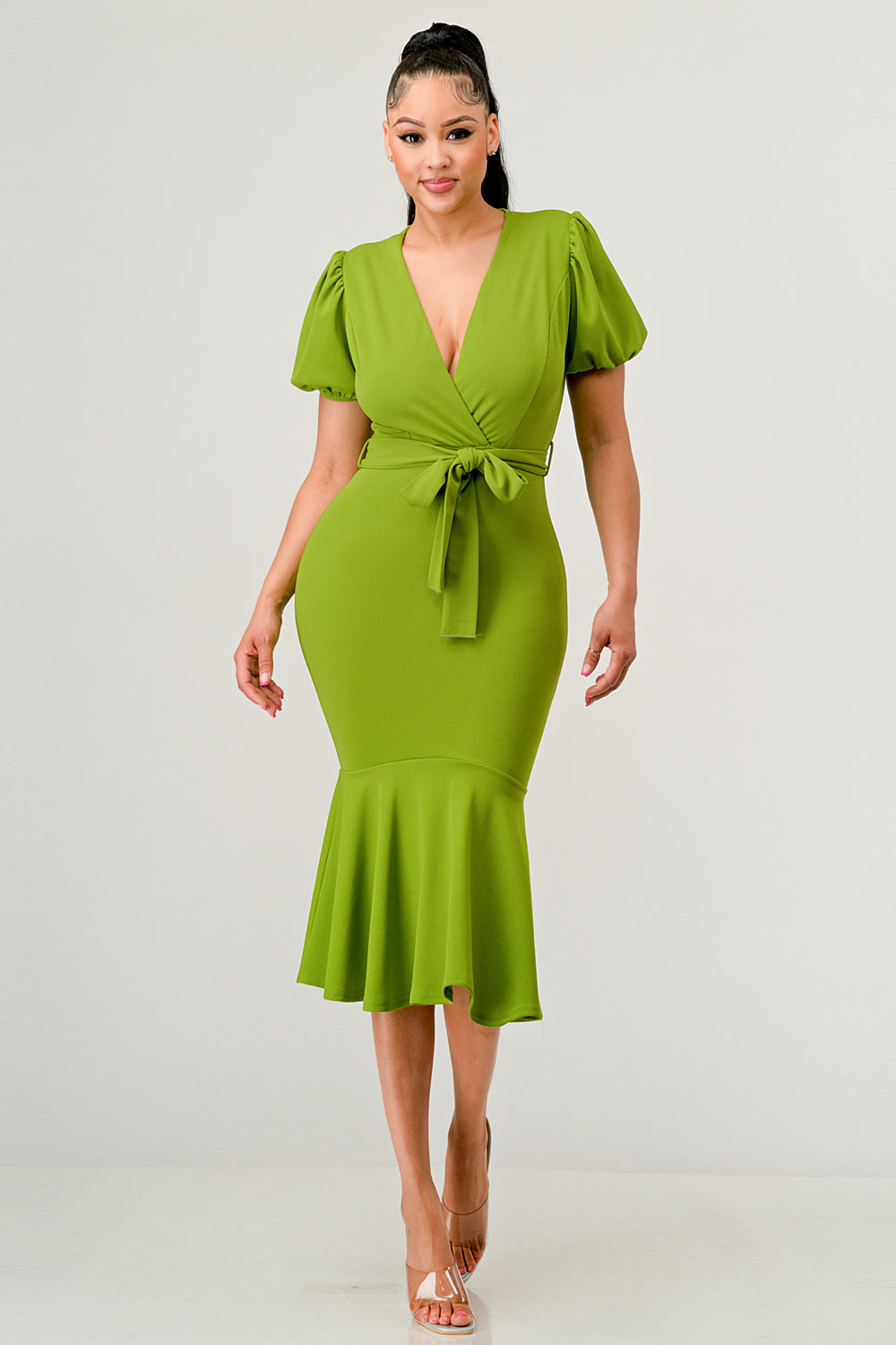 PUFF-SLEEVE BELTED MERMAID MIDI DRESS