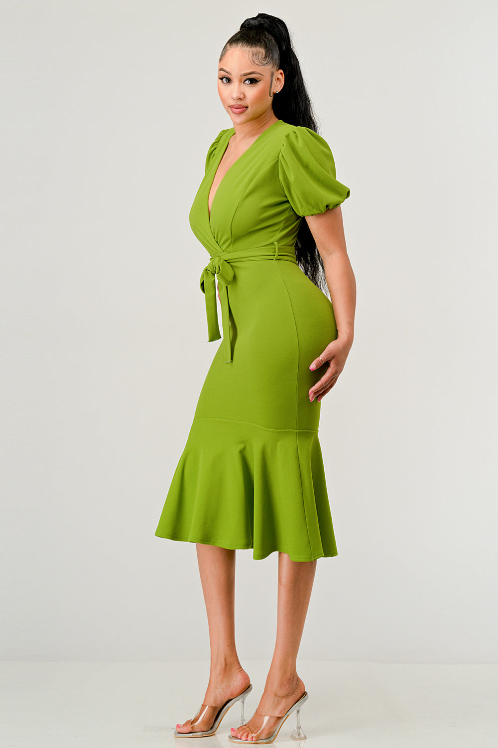 PUFF-SLEEVE BELTED MERMAID MIDI DRESS