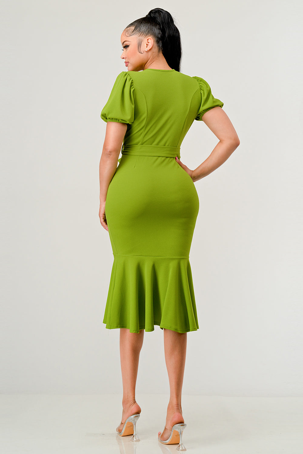 PUFF-SLEEVE BELTED MERMAID MIDI DRESS