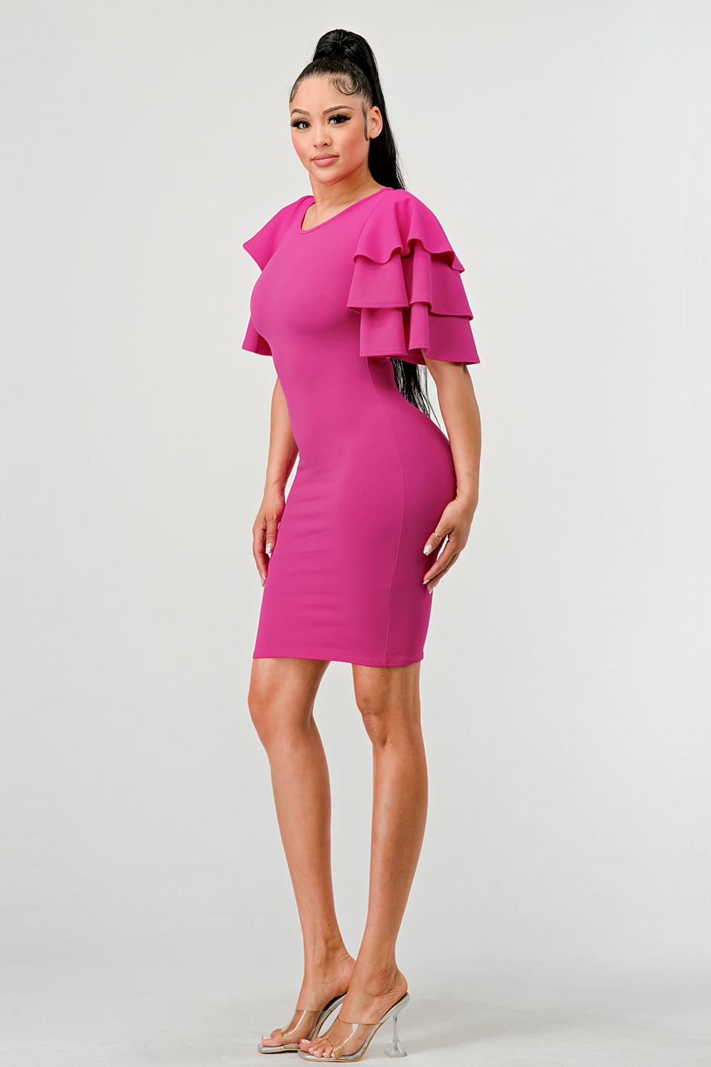 TIERED RUFFLE SLEEVES BODYCON DRESS