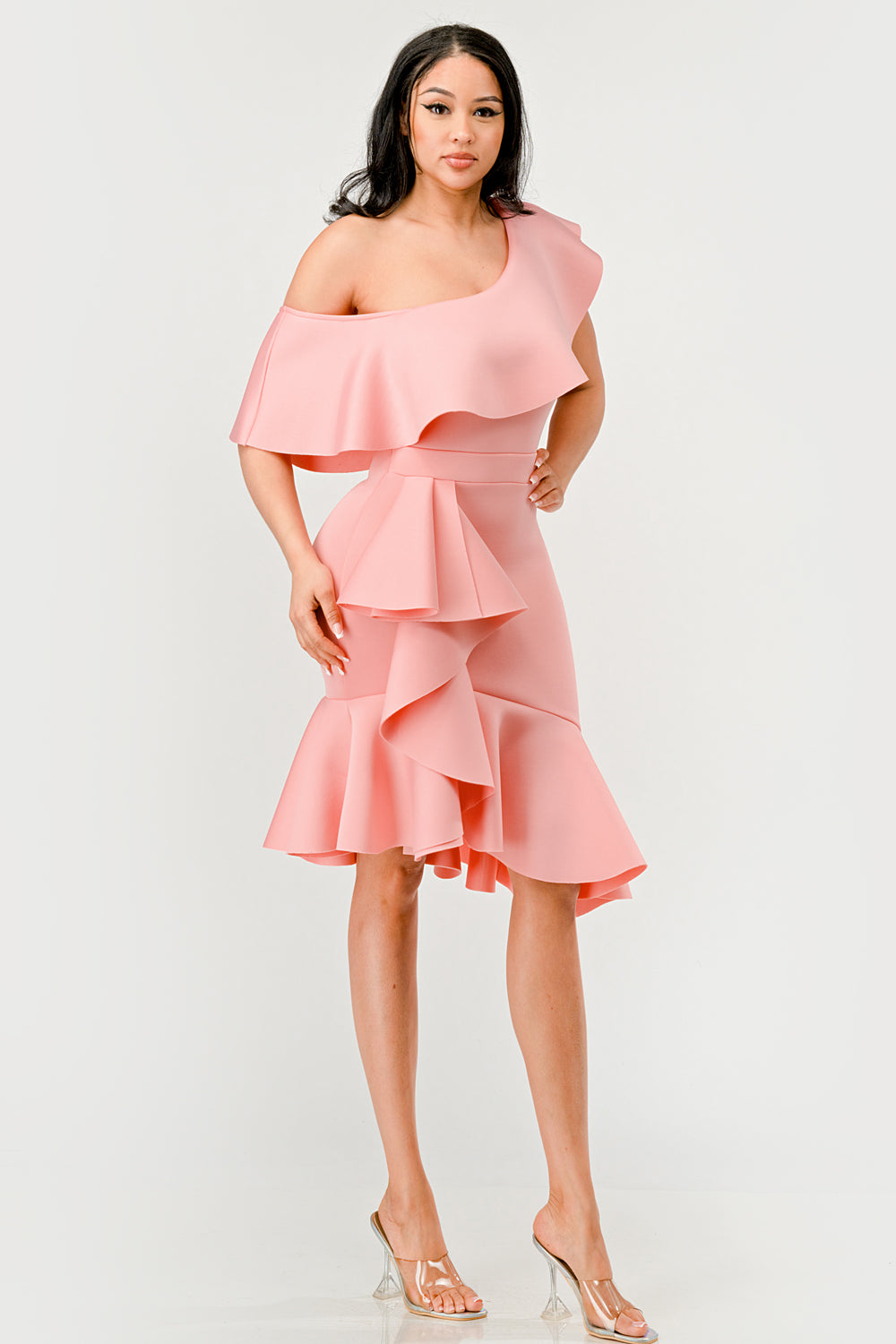 RUFFLE OFF-SHOULDER MERMAID DRESS