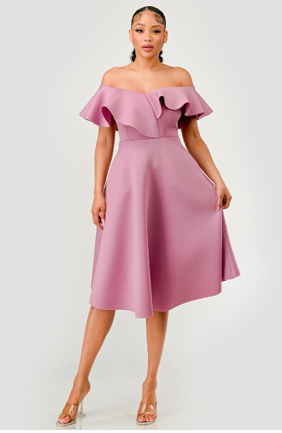 RUFFLED OFF SHOULDER A-LINE PRINCESS DRESS