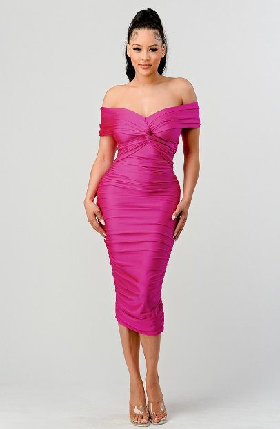 OFF SHOULDER TWIST FRONT RUCHED BODYCON DRESS